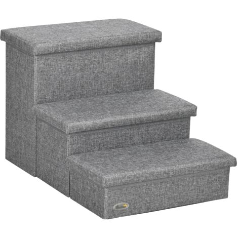 Escalera para Mascotas de 3 Peldaños Escalones para Perros Gatos con Espacio de Almacenamiento 63,5x42,5x40,5 cm Gris (1/5)