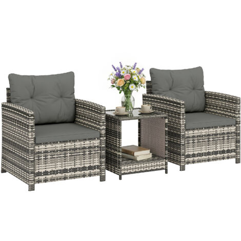 Salon de Jardin Extérieur 3 Pièces en Résine Tressée Table et 2 Fauteuils avec Coussins, 62x65x75cm, Gris Clair (1/5)