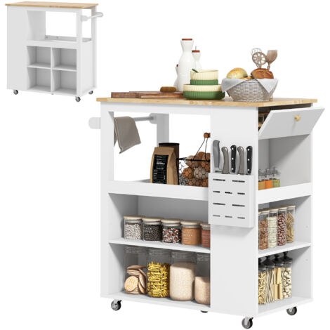 Carrello Isola da Cucina con Ripiani Regolabili, Portacoltelli e Piano , 86.5x47x88 cm, Bianco (1/5)