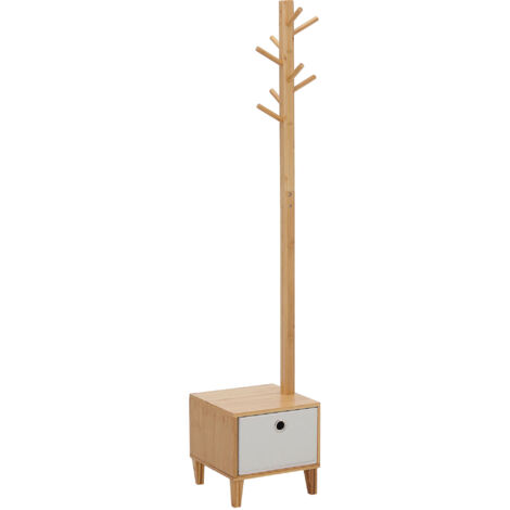 Perchero de Pie de Bambú Perchero con Banco Tipo de Árbol Cajón de Tela y 8 Ganchos para Colgar Ropa 35x35x177cm Natural (1/5)