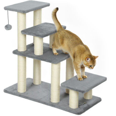 Escalera para Mascotas Ajustable de 3/4 Peldaños Escalera para Gatos con Postes Rascadores Bola Colgante Gris (1/5)
