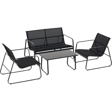 Set Salotto da Giardino da 4 Pezzi, con Divanetto da Esterno a 2 Posti, 2 Sedie e Tavolo da Caffè in Vetro Temperato, Set di Mobili da Giardino in Metallo e Texteline, Nero (1/5)