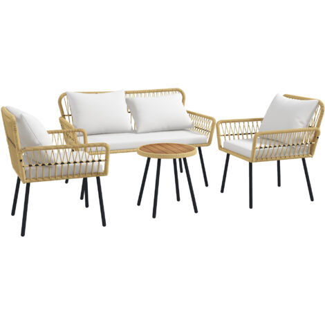 Ensemble salon de jardin 4 pièces canapé 2 places 2 fauteuils avec 7 coussins 1 table basse ronde, résine tressée (1/5)