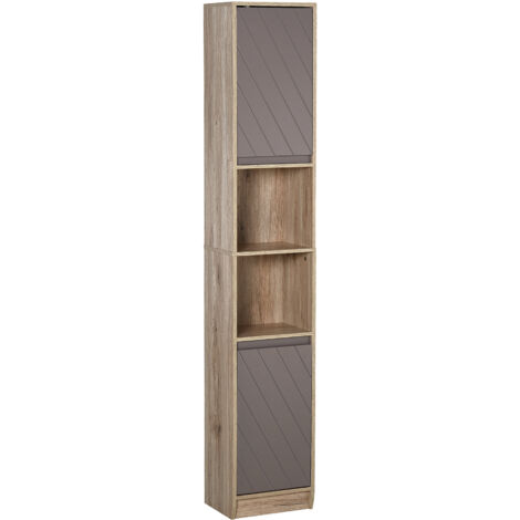 HOMCOM Armario de Baño Alto, Columna de Baño Estrecha con 2 Puertas y 2 Estantes Abiertos, para Espacios Pequeños, 30x24x170 cm, Roble y Gris (1/5)