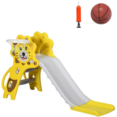 Tobogán para Niños de 18 a 36 Meses con 2 Escaleras 1 Canasta de Baloncesto y Patrón de León 131x50x74cm Amarillo y Gris (1/5)