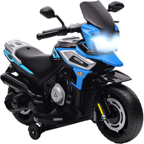 Moto Elettrica per Bambini con Rotelle, Specchietti e Poggiapiedi, in PP e Metallo, 85.5x44.5x56 cm, Blu (1/5)