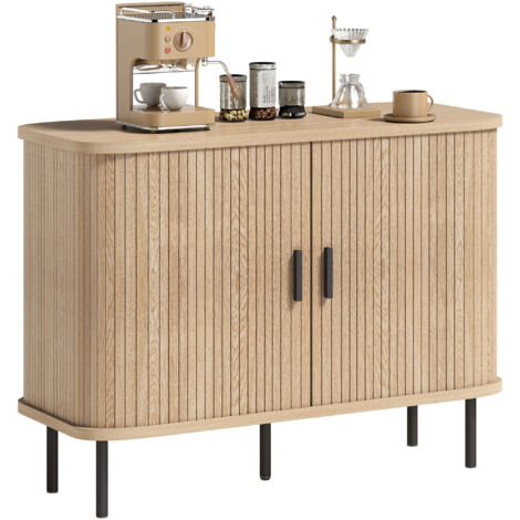 Buffet salon, meuble de rangement avec 2 portes coulissantes en tambour à lattes et 4 compartiments, chêne (1/5)