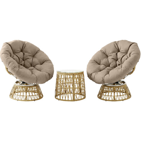 Ensemble salon de jardin 3 pièces avec 2 fauteuils papasan pivotant et 1 tables basse ronde polyester résine tressée (1/5)