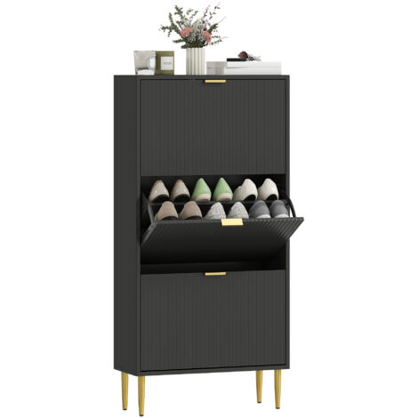 Meuble à chaussures 18 paires avec 3 tiroirs rabattables, portes cannelées et étagères réglables, 60x24x122,5cm, noir (1/5)