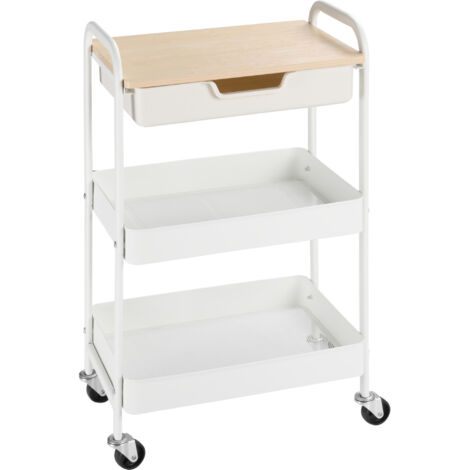 HOMCOM Carrito de Cocina con Ruedas Carro de Almacenamiento con Cajón Extraíble 2 Cestas y Frenos para Baño Salón Dormitorio 43,9x30,5x75,6 cm Blanco (1/5)