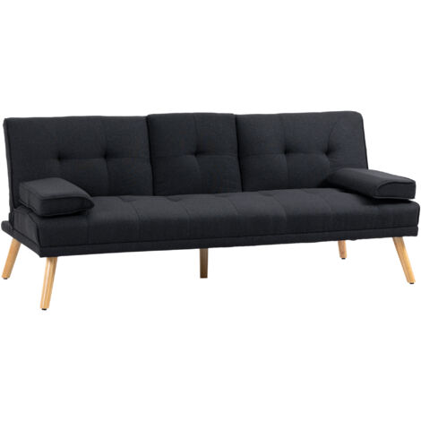 HOMCOM Canapé convertible 3 places, canapé-lit rembourré avec dossier réglable 3 niveaux, 2 coussins et 2 porte-gobelets intégrés, tissu de lin, pour salon, chambre d'amis, petit espace, gris (1/5)