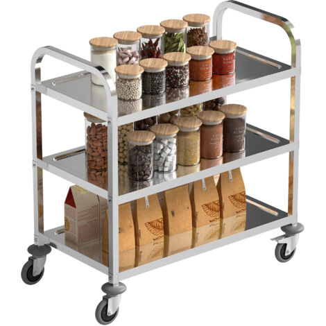 Carrito Auxiliar con Ruedas de Acero Inoxidable 90,5x50,5x88,2 cm Carrito de Cocina con Bandejas y 2 Brazos Plata (1/5)