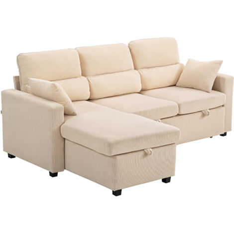 Canapé d'angle convertible en velours côtelé, canapé-lit 3 places avec rangement caché, coussins, 205x135x76cm, beige (1/5)