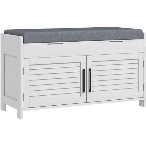 Panca Scarpiera con Ripiano Interno Regolabile su 6 Livelli, in MDF e Simil Lino, 90x36x50 cm, Bianco e Grigio (1/5)