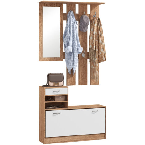 Mobile Appendiabiti 3 in 1 con Scarpiera e Specchio, Ganci e Cassetti, , 90x24x177 cm, Bianco e Noce (1/5)