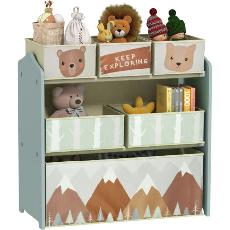 Scaffale Portagiochi per Bambini con 6 Contenitori Rimovibili in Tessuto, 63x30x66cm, Verde (1/5)