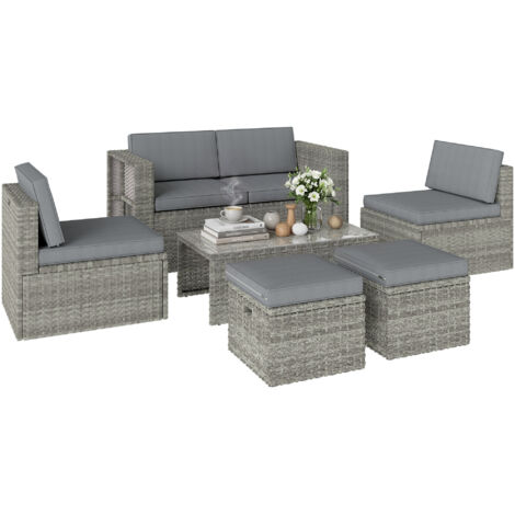 Salon de Jardin en Résine Tressée Demi-Ronde 6 Pièces Encastrable Gain de Place 135x66x62cm Gris (1/5)