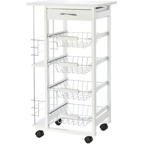 Carrello da Cucina Salvaspazio  Bianco, Portavivande con 1 Piano di Lavoro 1 Cassetto e 4 Cestelli Metallici, 47x37x83cm (1/5)