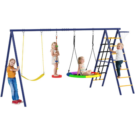 Gioco per Bambini 3-8 Anni con 3 Altalene, Scala a Corda e Canestro Basket, in Acciaio, PE e PP, 3.5x1.8x2 m (1/5)