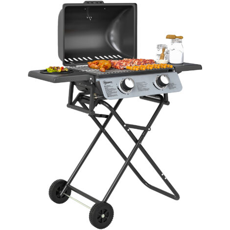 Barbecue gaz transportable, 2 brûleurs 5,6 kW, barbecue gaz de camping avec étagères latérales thermomètre et roues, noir (1/5)