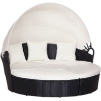 Set 4 Pzi Divano Circolare da Giardino, Mobili Componibili Rattan Nero, Tettuccio e Cuscini Beige 180x175x147cm