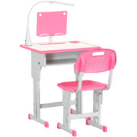 Set Scrivania e Sedia per Bambini 6-12 Anni ad Altezza Regolabili, Banco Scuola con Lampada, Cassetto, Gancio, Portapenne e Leggio, Set Banco con Sedia per Bambini in Acciaio e MDF, Rosa