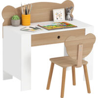 Escritorio Infantil con Silla en Forma de Osito con Cajón para Leer y Estudiar Mesa 80x41x74,5 cm y Silla 32,5x38x59 cm