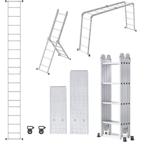 Froadp 470cm Aluminum Mehrzweckleitern, 4x4 Stufen Gerüst Leiter, Ausziehbar Treppenleiter mit 2 Arbeitsplattform, Klappbare Stehleiter, Arbeitsbühne Schiebeleiter für Haus, Werkstatt(Silber)