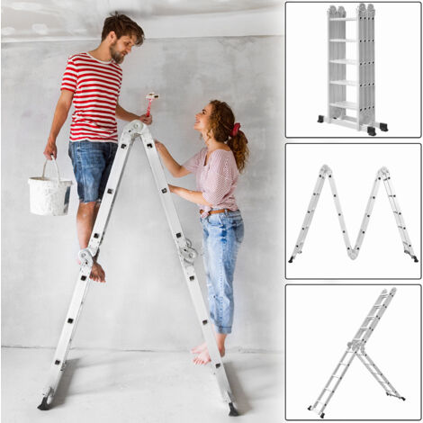 Froadp 580cm Aluminum Mehrzweckleitern 4x5 Stufen Gerüst Leiter Ausziehbar Treppenleiter mit 2 Arbeitsplattform Klappbare Stehleiter Arbeitsbühne Silber Schiebeleiter