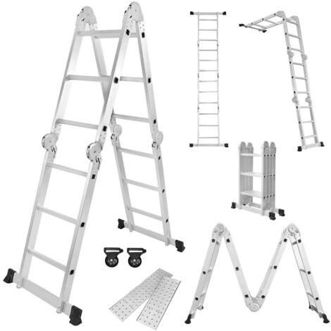 Froadp 340cm Aluminum Mehrzweckleitern 4x3 Stufen Gerüst Leiter Ausziehbar Treppenleiter mit 2 Arbeitsplattform Klappbare Stehleiter Arbeitsbühne Silber Schiebeleiter