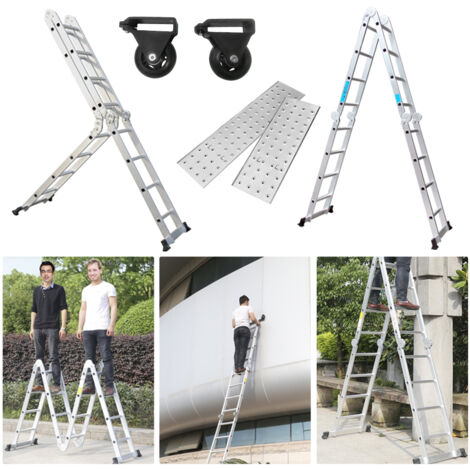 Froadp 470cm Aluminum Mehrzweckleitern, 4x4 Stufen Gerüst Leiter mit 2 Arbeitsplattform, Klappbare Stehleiter, Arbeitsbühne Schiebeleiter (Silber)