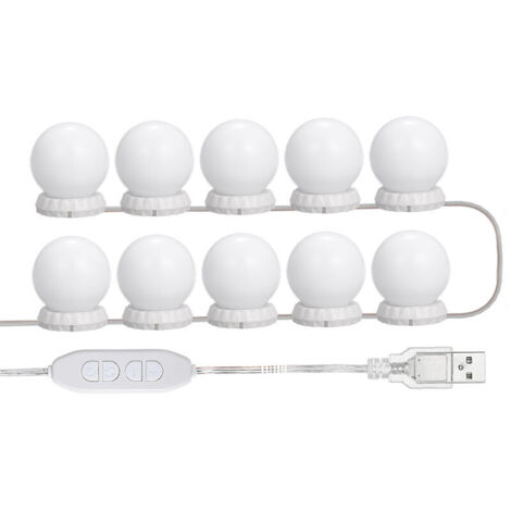 Kit d'éclairage miroir LED avec 10 ampoules dimmables – 10 niveaux de luminosité – 3 modes d'éclairage – Couleur blanche – USB