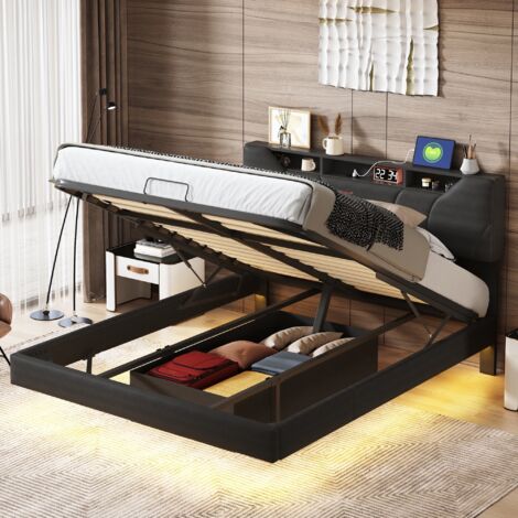 Polsterbett mit Stauraum 140x200cm, Doppelbett mit LED-beleuchtetem Kopfteil, hydraulisches Stauraumbett, Lattenrost, Schwebebett, Metallfußbett, Jugendbett, Schwarz