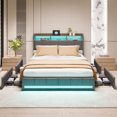 Doppelbett mit Schubladen 140x200cm, mit LED beleuchtetem Kopfteil, 4 Schubladen und 2 USB-Ladeanschlüssen, Lattenrost, Polsterbett, Leinen, Grau
