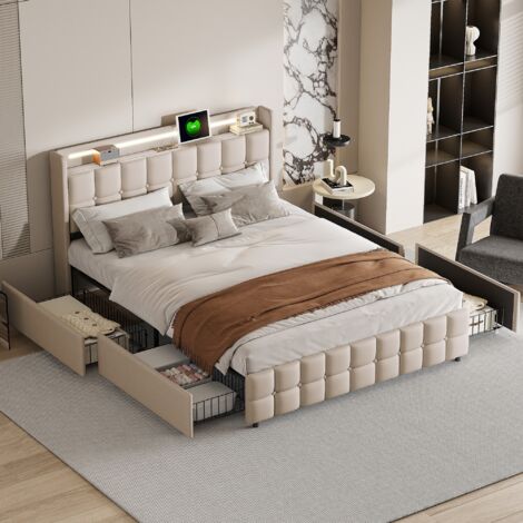 Lit capitonné 140x200cm en tissu lin - avec prise USB et LED - tête de lit réver Lit capitonné 140x200cm en tissu lin - avec prise USB et LED - tête de lit réver