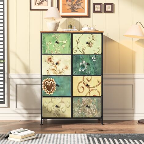 Kommode 67 cm, Sideboard mit 8 Schubladen und schwarzen Griffen, Retro-Muster, schwarzer Metallrahmen, geeignet für Wohnzimmer, Schlafzimmer – Grün