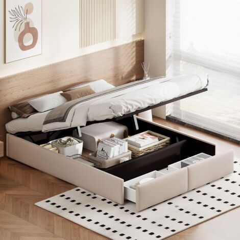 Bett 160x200 cm mit Stauraum, 2 Schubladen, Lattenrost, ohne Kopfteil, Doppelbett im skandinavischen Stil, Beige