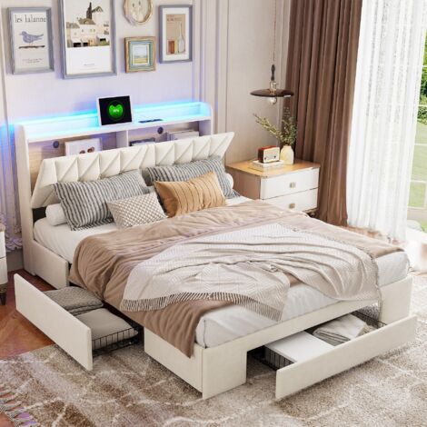 Doppelbett 160x200 cm mit 3 Schubladen, klappbarem Kopfteil, LED-beleuchtetem Stauraum, USB-Ladeanschluss, Lattenrost, Polsterbett, Samt, Beige