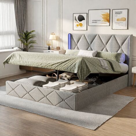 Polsterbett Doppelbett 140x200 cm – Samt, Doppelbett mit Lattenrost, Rautenkopfteil mit LED-Lichtleiste, Stauraum, Bettgestell, gepolstertes Erwachsenenbett – Grau
