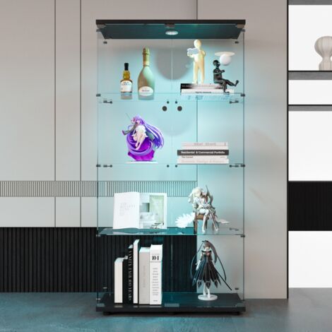Vitrinen mit 4 Einlegeböden, mit LED-Beleuchtung, schwarz, freistehendes Glasbücherregal für Wohnzimmer, Weinschrank aus gehärtetem Glas, Schlafzimmer, Büro – schwarz