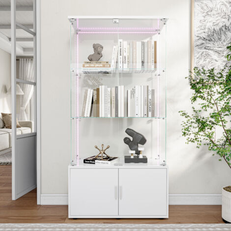 Glasvitrine, Vitrine mit integrierter LED-Lichtleiste, mit 3 Ablageflächen und 2 Türen, freistehende Vitrine, Weiß