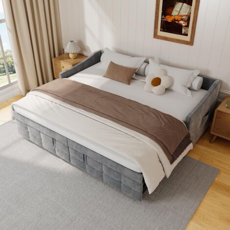 Ausziehbett 90x180/200 cm, gepolstertes Ausziehbett mit Holzlattenrost, modernes Design, 2-Sitzer, Samt, Grau