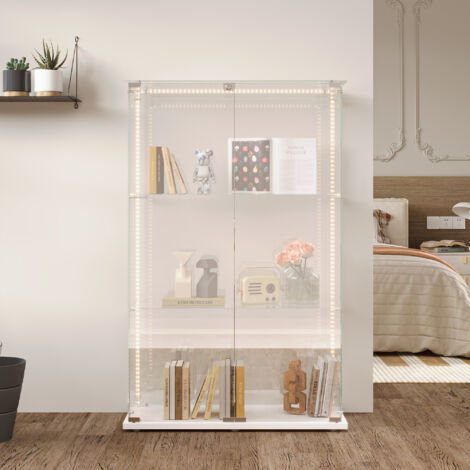Vitrinen Glas, Mit 3 Fächern und LED-Streifenbeleuchtung, Doppeltüren, Metallfuß, Freistehende Vitrine, Weiß