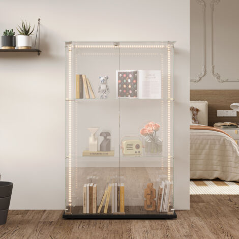 Vitrinen Glas, Mit 3 Fächern und LED-Streifenbeleuchtung, Doppeltüren, Metallfuß, Freistehende Vitrine, Schwarz