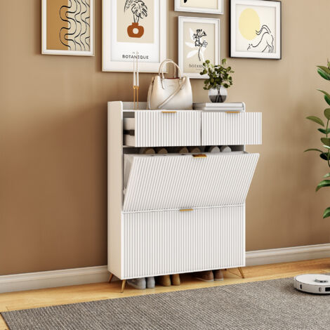 Schuhschrank, Mit Schubladen und 2 Regalböden, goldenen Griffen, gestreifter Oberfläche, modernem Design, Flurmöbel, Weiß