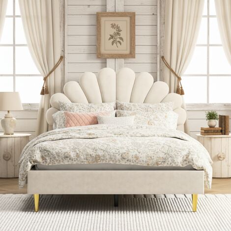 Doppelbett 140x190 cm, Prinzessinnenbett mit Kopfteil in Blütenblattform, Lattenrost, Bettgestell, Jugendbett, Samt, Gepolstertes Erwachsenenbett, Beige (1/5)