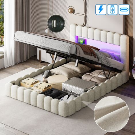Polsterbett mit Stauraum 160x200cm - Leinen, USB- und Typ-C-Ladeanschlüsse, LED-Beleuchtung im Kopfteil, Lattenrost, hydraulischer Stauraum, Doppelbett - Beige
