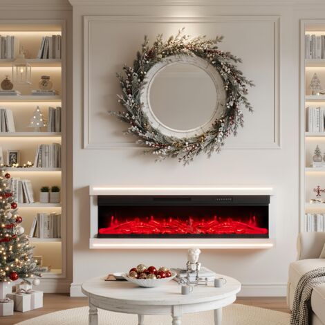 Elektrischer Wandkamin 152 cm - Hochglanz, Mit Fernbedienung, Flammen- & Lichtsteuerung, 2 Heizstufen (750W/1500W) – Elektrokamin zur Wandmontage, Weiß