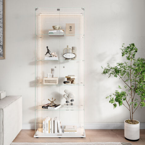 Vitrine aus Glas - Sammlervitrine mit 5 Ebenen, LED-Beleuchtung, Metallbasis, freistehende Vitrine - Weiß