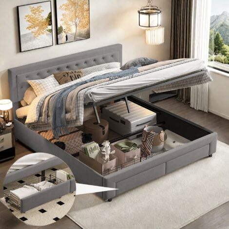Lit coffre 160x200cm - tête de lit capitonnée à boutons, rangement à relevage hydraulique, lit double avec 2 tiroirs, sommier, sommier à lattes, tissu velours - Gris